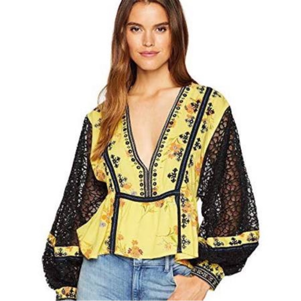 Free People Yellow Floral Blouse With Black Lace